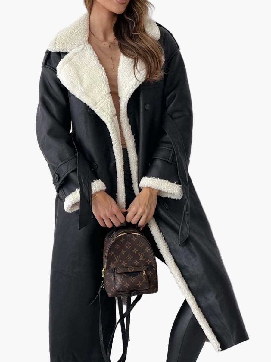 Damen Langer Wintermantel mit Teddyfell-Kragen – Eleganter Trenchcoat für Herbst & Winter