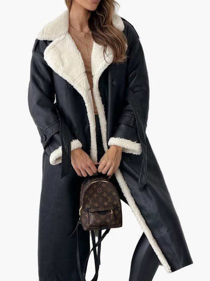 Damen Langer Wintermantel mit Teddyfell-Kragen – Eleganter Trenchcoat für Herbst & Winter