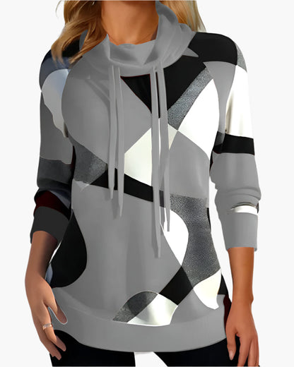 Damen Pullover Modernes Geometrisches Muster Freizeit Sweatshirt mit Kordelzugkragen
