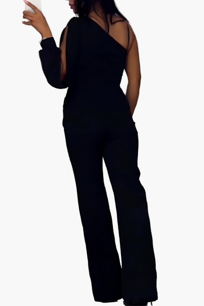 Damen Eleganter Einarm-Jumpsuit mit Weitem Bein und Transparenter Akzent-Passe – Perfekt für Abend und Events