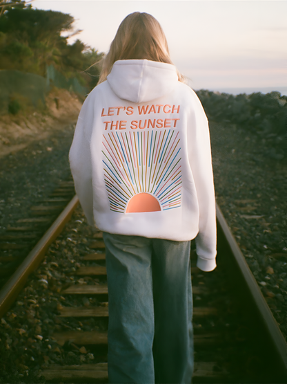 Damen Oversize Hoodie mit Sunset-Print und Statement "Let’s Watch the Sunset" – Lässiger Kapuzenpullover für Freizeit & Urlaub