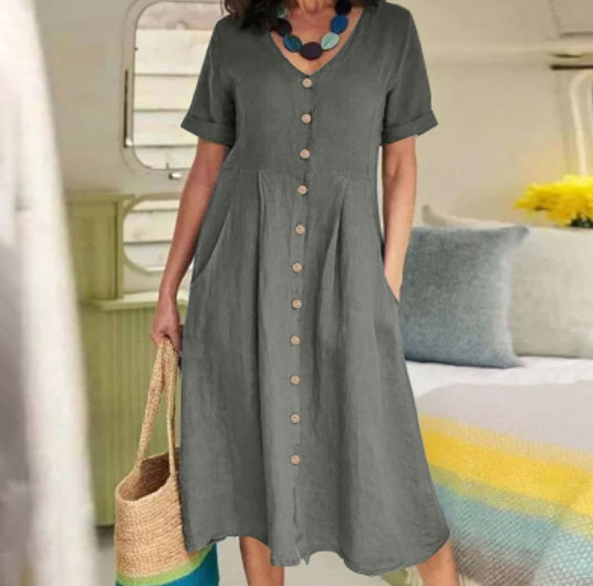Louise – Lockeres Kleid aus Baumwolle und Leinen mit hohem Bund