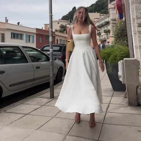 Damen Midikleid mit eckigem Ausschnitt – elegantes A-Linien-Swingkleid für Anlass & Alltag
