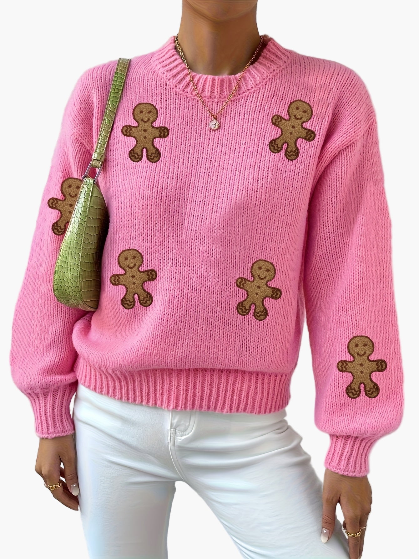 Damen Pullover im verspielten Stil mit Lebkuchenmännchen – Modischer Strick für Herbst und Winter