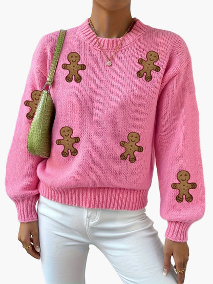 Damen Pullover im verspielten Stil mit Lebkuchenmännchen – Modischer Strick für Herbst und Winter