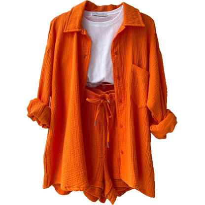 Damen 3-teiliges Freizeit-Set mit Hemd, Crop-Top und Shorts – Perfekt für entspannte Sommertage