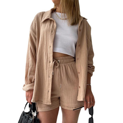 Damen 3-teiliges Freizeit-Set mit Hemd, Crop-Top und Shorts – Perfekt für entspannte Sommertage