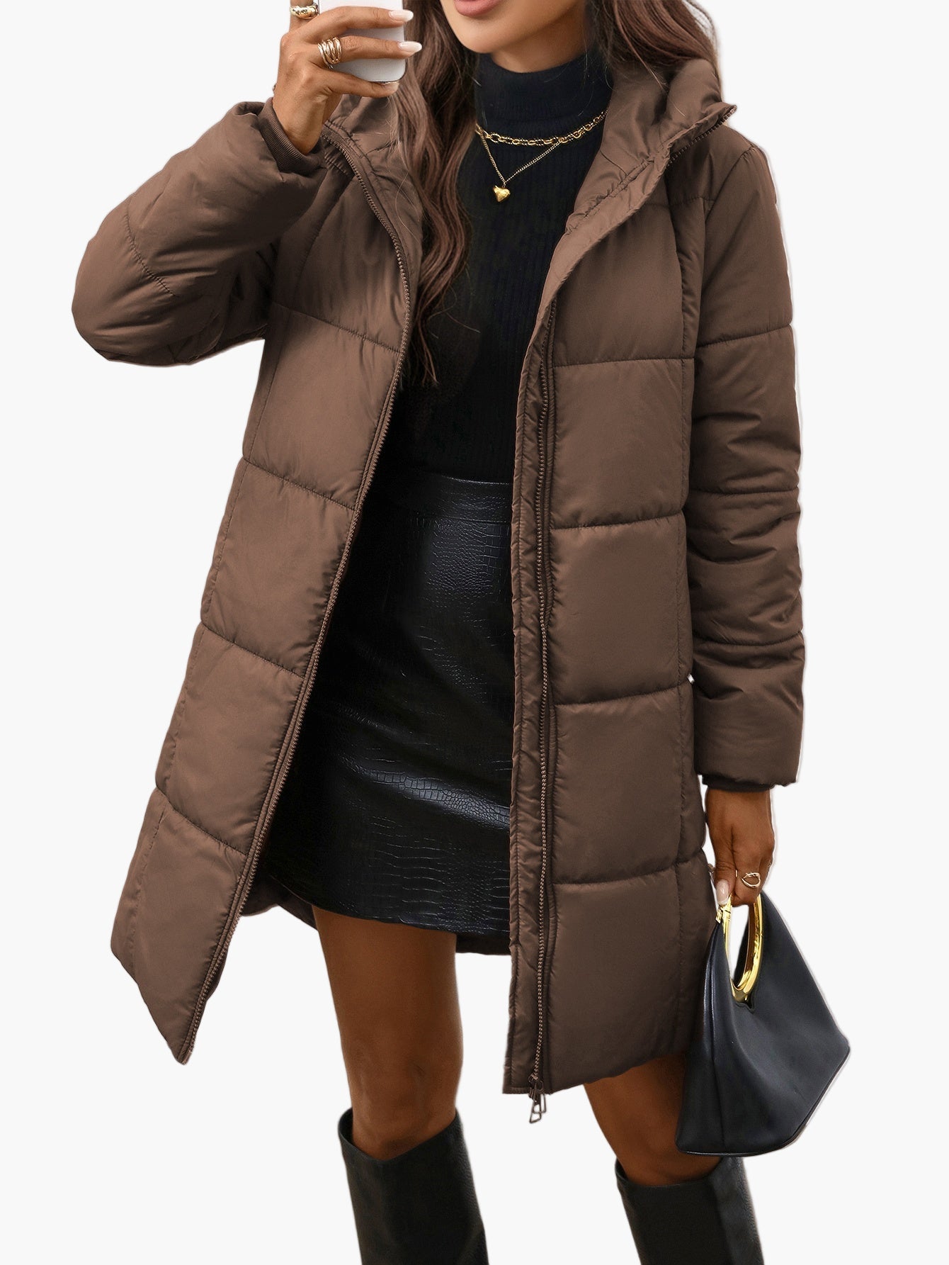 Women's Elegant Long Walrus Jacket - Winter Warm Full-Zip Lightweight Coat with Pockets, Mid-Length Length, Solid Color Casual Outerwear for Cold Weather (Machine Washable)