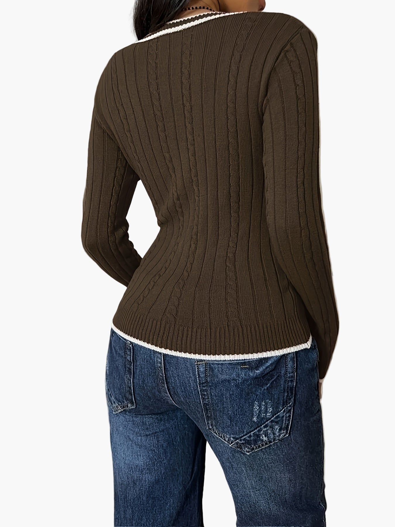 Damen Strickpullover mit V-Ausschnitt und Kontrastkante – Modischer Casual-Look für Alltag und Büro