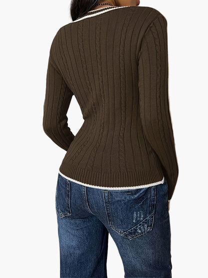 Damen Strickpullover mit V-Ausschnitt und Kontrastkante – Modischer Casual-Look für Alltag und Büro