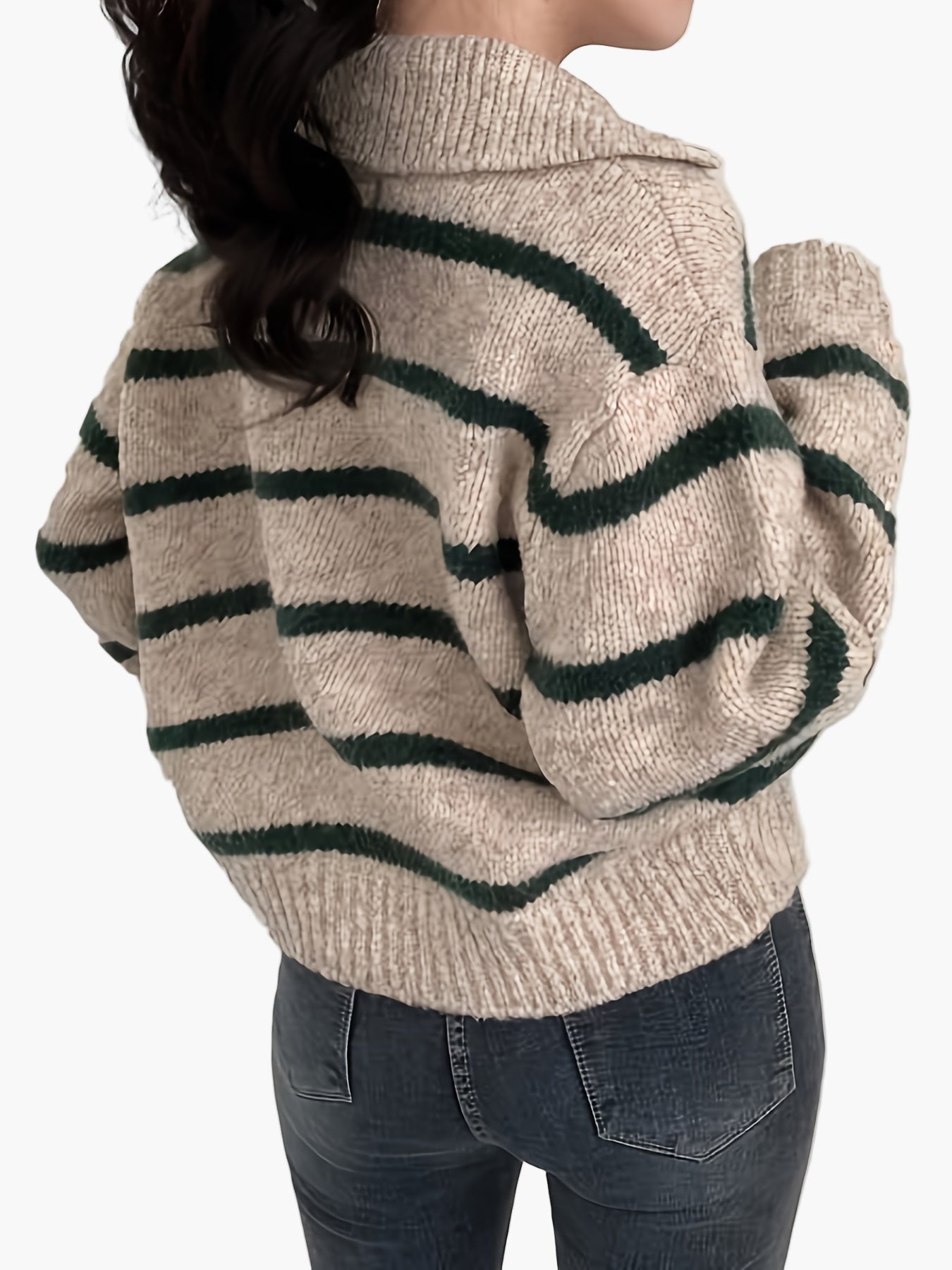 Damen Strickpullover mit Streifenmuster und Polokragen – Eleganter Herbst/Winter Sweater