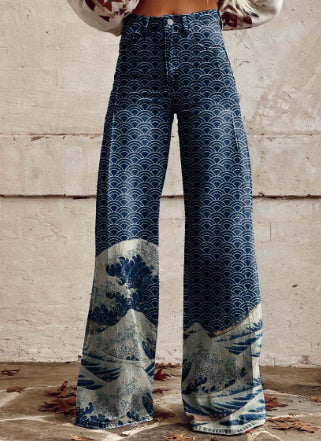 Heather – Bedruckte Damenhose mit weitem Bein aus dünnem veganem Denim