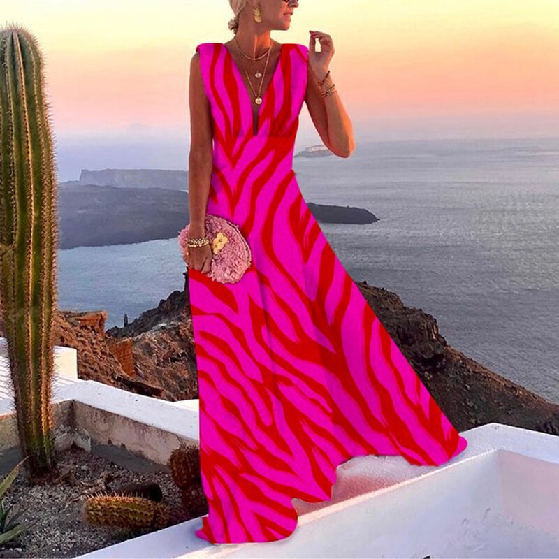 Damen Maxikleid mit Boho-Muster – Eleganter V-Ausschnitt für Sommer und Urlaub