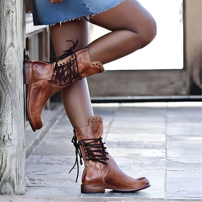 Damen Vintage Leder Stiefeletten mit Schnürung – Robuste Booties für Abenteuer & Freizeit