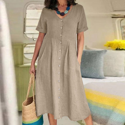 Louise – Lockeres Kleid aus Baumwolle und Leinen mit hohem Bund