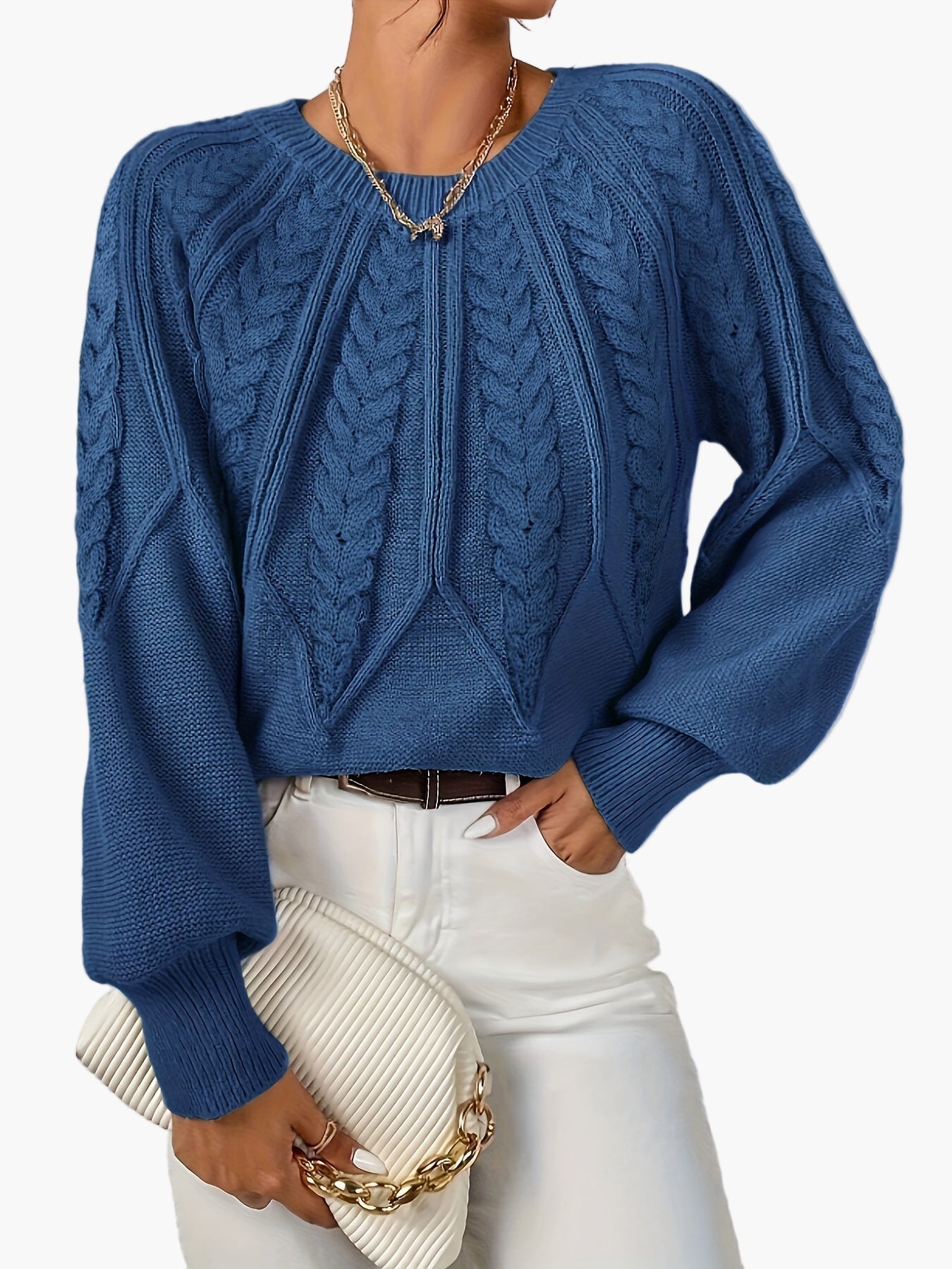 Damen Strickpullover mit Zopfmuster und Rundhalsausschnitt – Eleganter Alltagslook für Frühling & Herbst