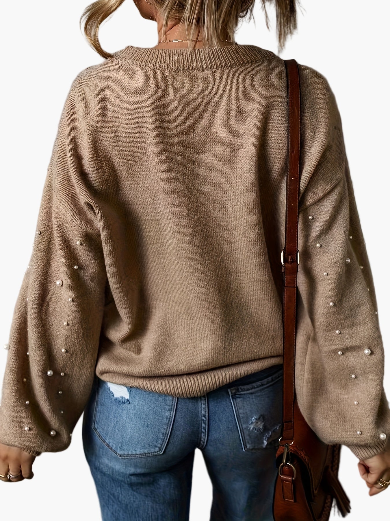 Damen Pullover Elegant Strickpullover mit Perlenbesatz und Rundhalsausschnitt – Modischer Freizeit-Look