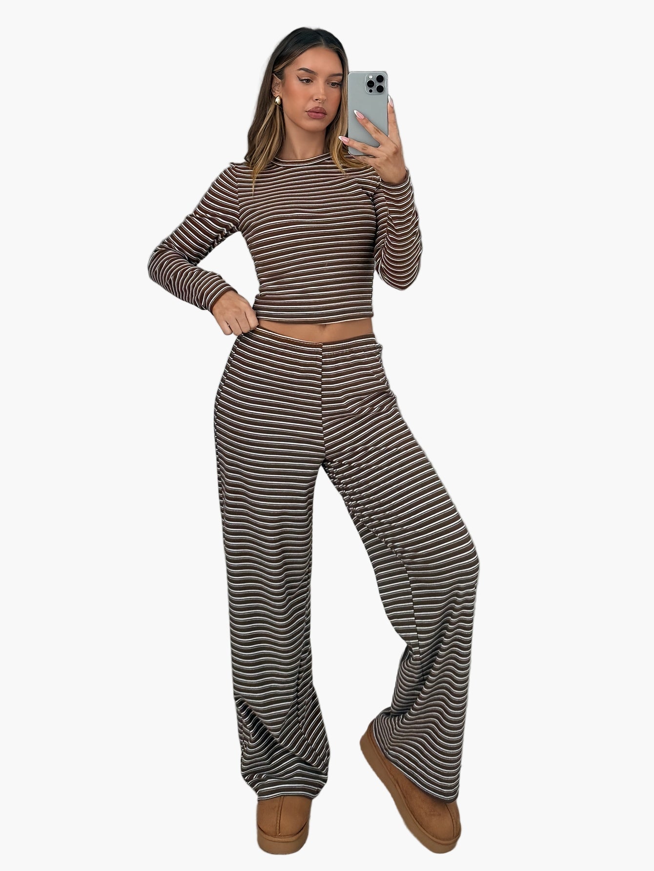Damen Freizeit Zweiteiler Set – Gestreiftes Langarmshirt und Hose, Bequem & Modisch für Alltag und Lounge