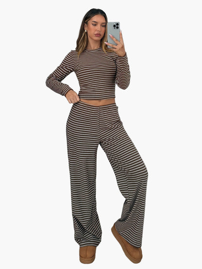 Damen Freizeit Zweiteiler Set – Gestreiftes Langarmshirt und Hose, Bequem & Modisch für Alltag und Lounge