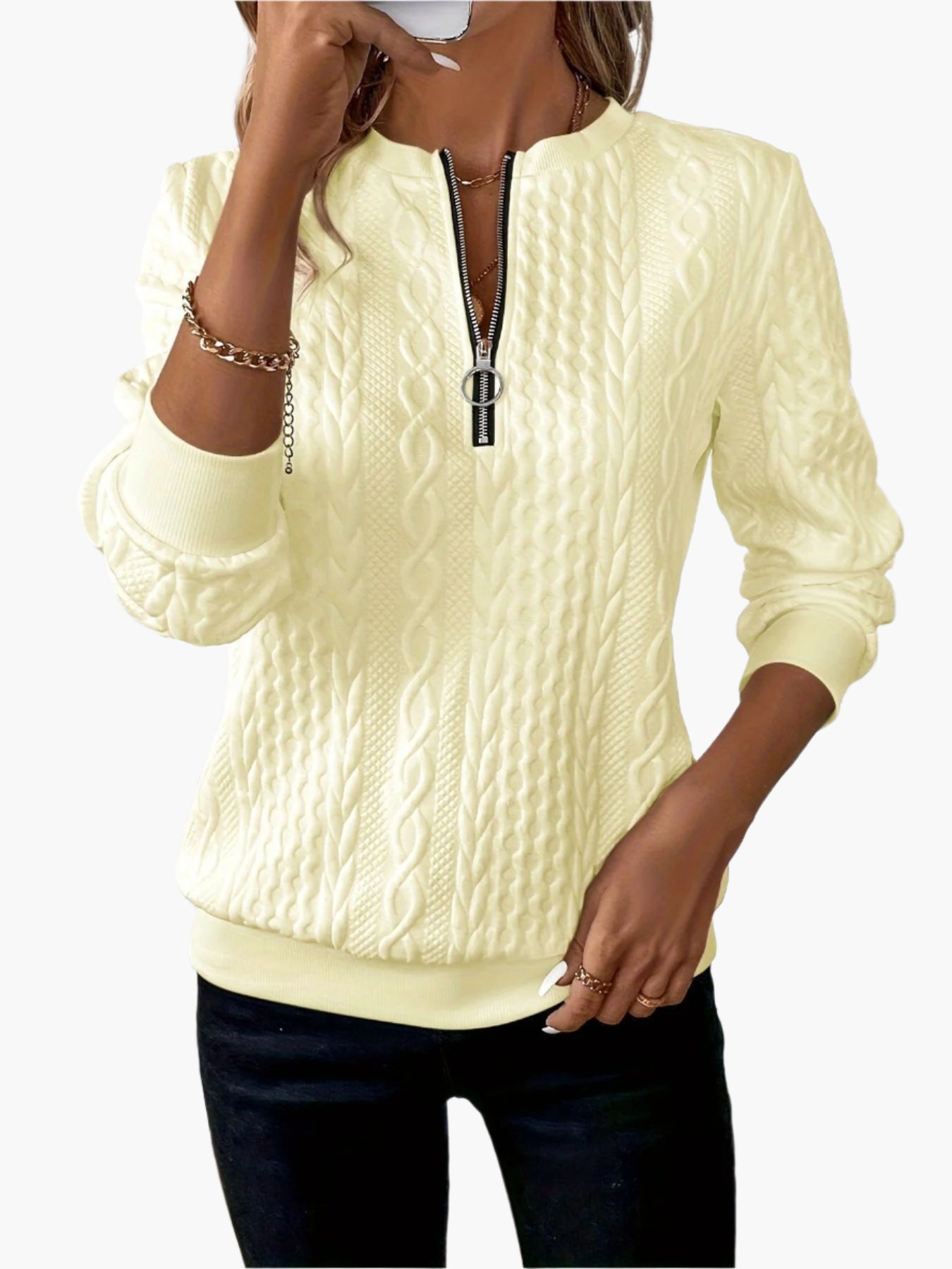 Damen Strickpullover mit Zopfmuster und Reißverschluss – Eleganter Freizeitpulli für Herbst und Winter