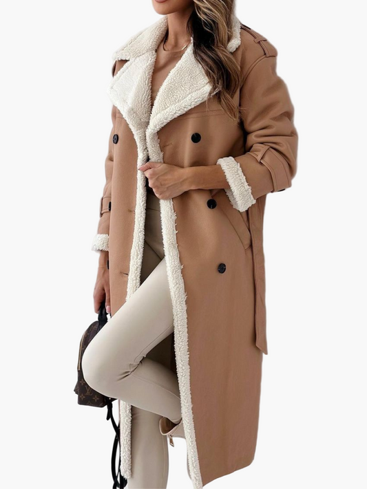 Damen Langer Wintermantel mit Teddyfell-Kragen – Eleganter Trenchcoat für Herbst & Winter