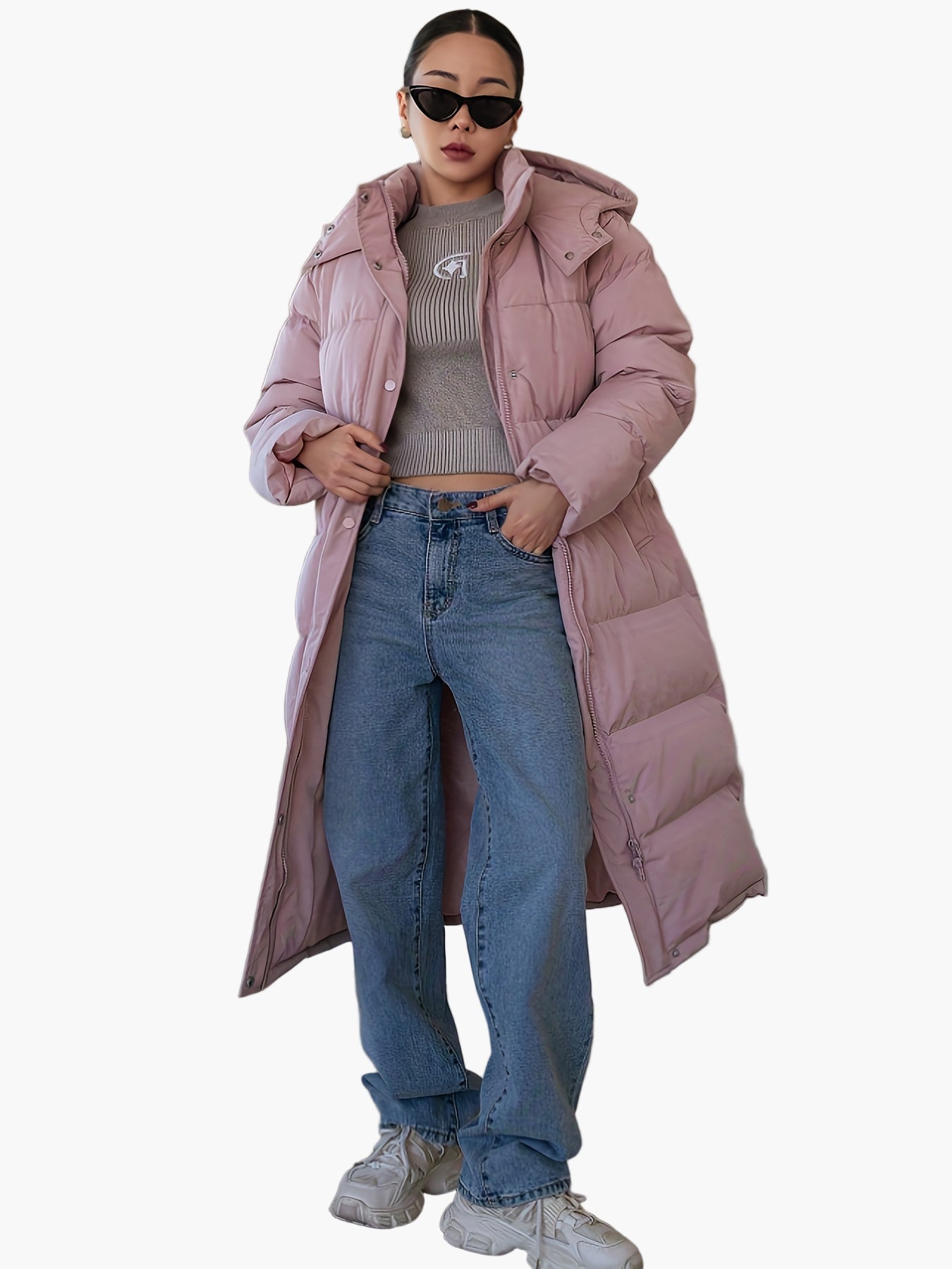 Damen Steppmantel Lang Elegant Winterjacke mit Kapuze und Reißverschluss