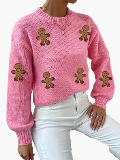 Damen Pullover im verspielten Stil mit Lebkuchenmännchen – Modischer Strick für Herbst und Winter