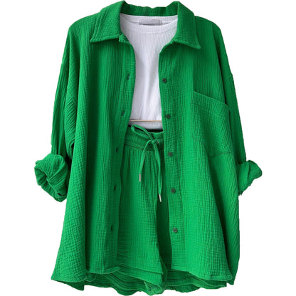 Damen 3-teiliges Freizeit-Set mit Hemd, Crop-Top und Shorts – Perfekt für entspannte Sommertage
