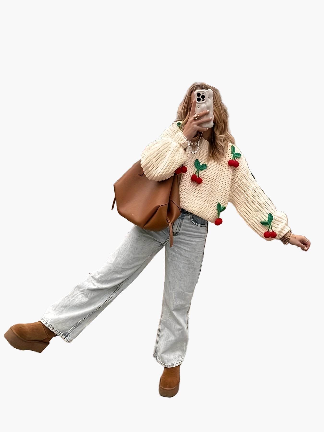 Damen Strickpullover mit Kirsch-Applikationen, lässiger Herbst/Winter Style