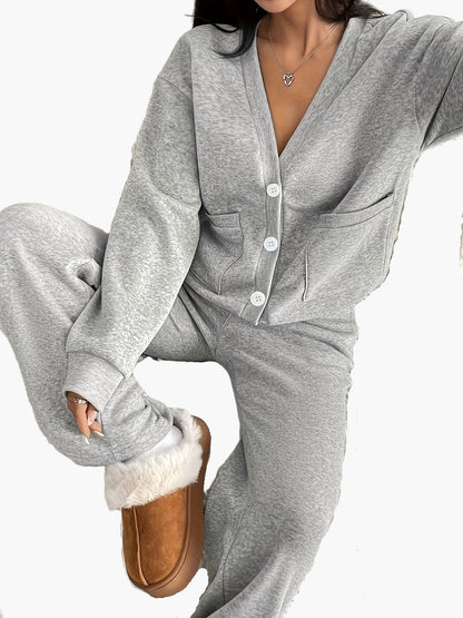 Damen Kuschelige Freizeit Hausanzug Set – Loungewear mit Cardigan und Jogginghose