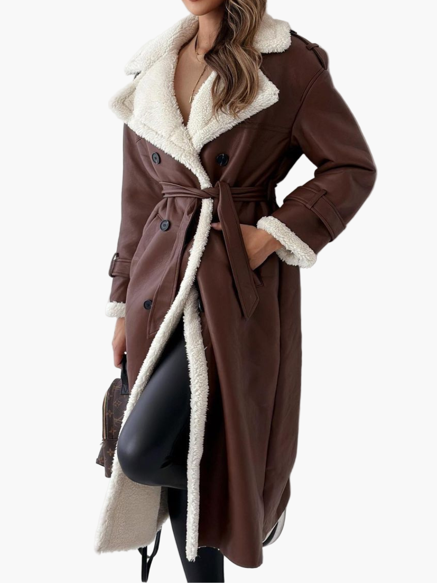 Damen Langer Wintermantel mit Teddyfell-Kragen – Eleganter Trenchcoat für Herbst & Winter