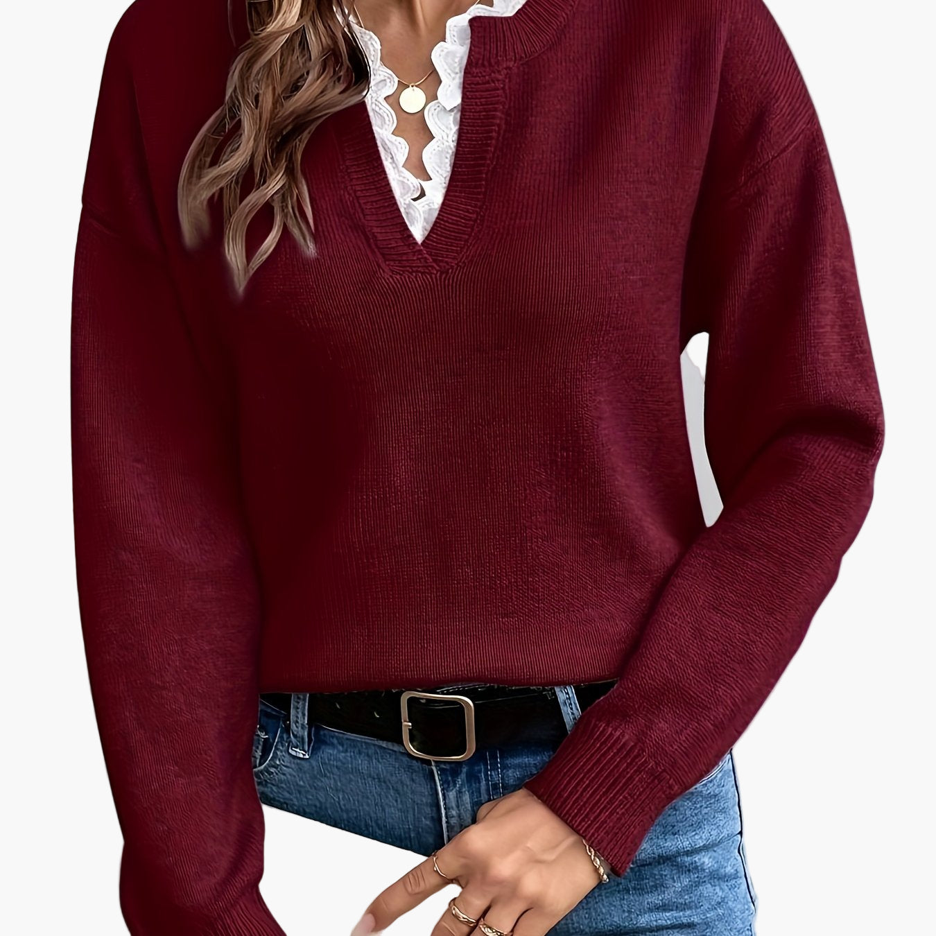 Damen Pullover Elegant mit V-Ausschnitt und Spitzenbesatz – Lockerer Strickpullover für Herbst und Winter