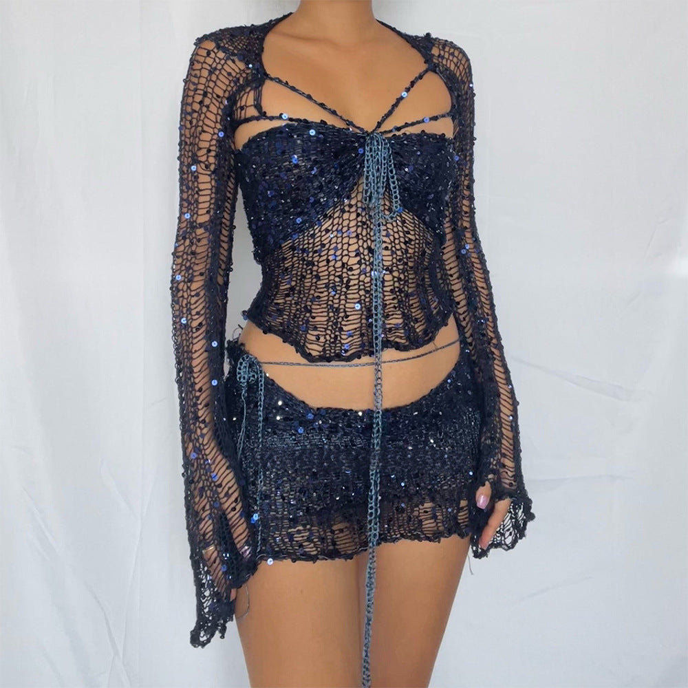Extravagantes Damen-2-Teiler-Set mit Netzoptik für Festival & Clubwear