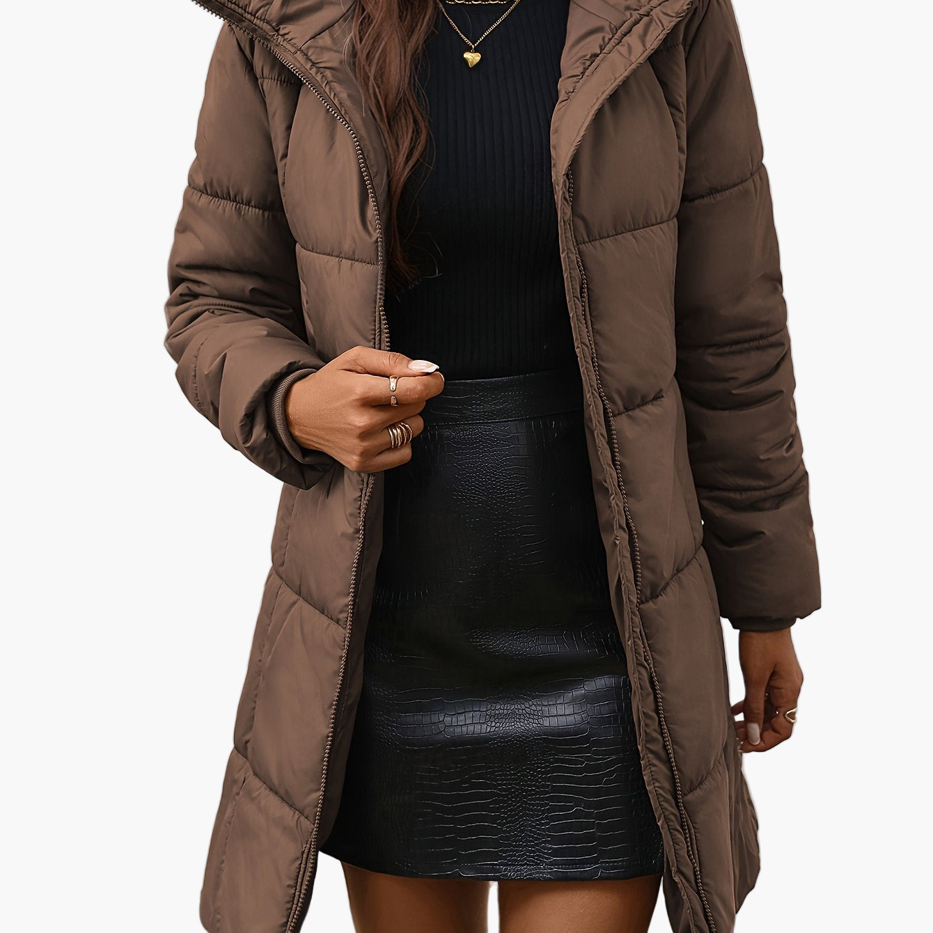 Women's Elegant Long Walrus Jacket - Winter Warm Full-Zip Lightweight Coat with Pockets, Mid-Length Length, Solid Color Casual Outerwear for Cold Weather (Machine Washable)