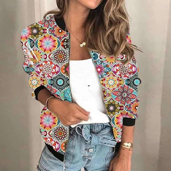 Damen-Bomberjacke mit floralem Vintage-Muster für Freizeit & Alltag