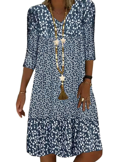 Damen Boho Blumenkleid mit 3/4-Ärmeln – Luftig & Bequem für Alltag und Urlaub