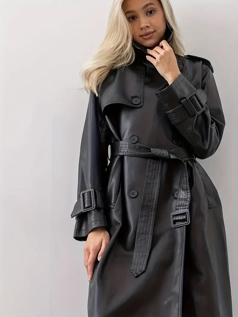 Damen Trenchcoat – Eleganter Leder-Look, Lang, Doppelreihig, Mit Taillengürtel, Stilvoll Für Herbst & Winter