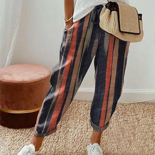 Sarah – Damenhose aus Baumwolle und Leinen mit Print