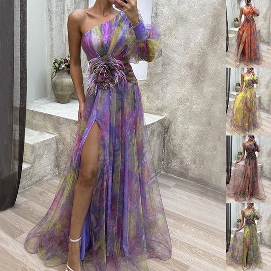 Lily – Langes Damenkleid mit Batikmuster und Schlitz