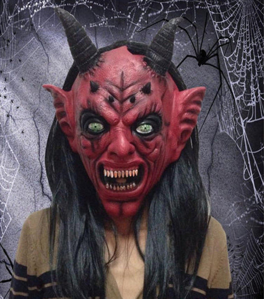 Halloween Dämonenmaske für Erwachsene – Gruselige Latex Teufelsmaske mit Hörnern für Kostüm & Party