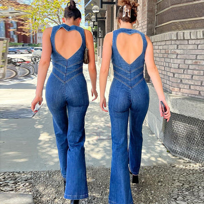 Angela – Herzförmiger Rückenfreier Denim-Jumpsuit mit Retro-Stil