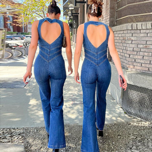 Angela – Herzförmiger Rückenfreier Denim-Jumpsuit mit Retro-Stil