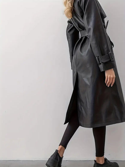 Damen Trenchcoat – Eleganter Leder-Look, Lang, Doppelreihig, Mit Taillengürtel, Stilvoll Für Herbst & Winter
