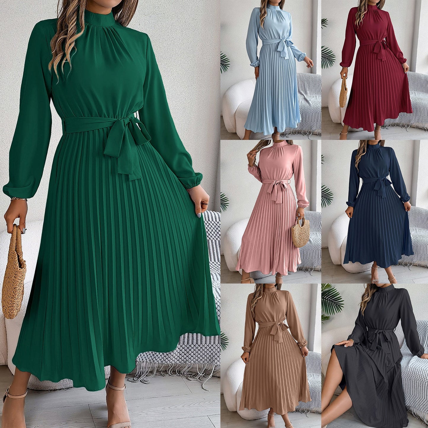 Dawn – Elegantes Kleid mit Stehkragen und Faltenrock