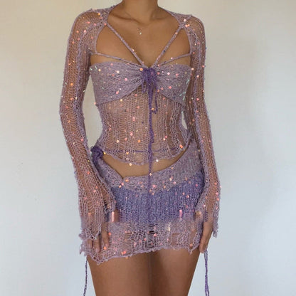 Extravagantes Damen-2-Teiler-Set mit Netzoptik für Festival & Clubwear