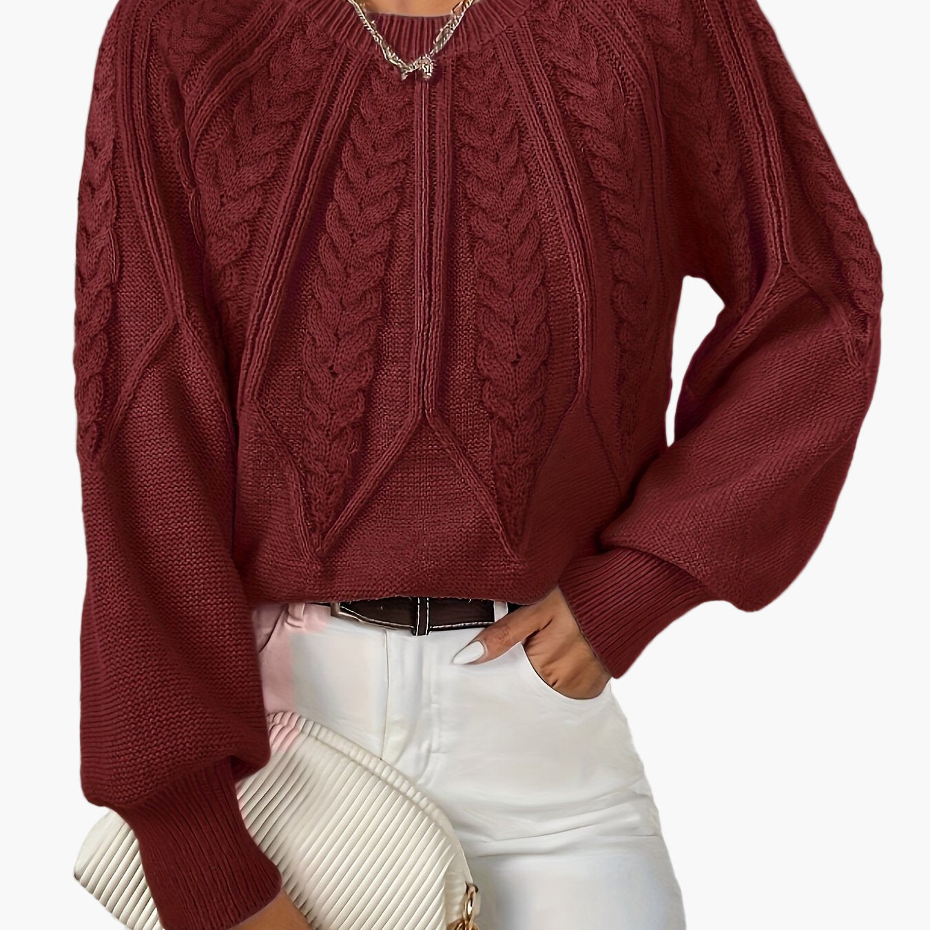 Damen Strickpullover mit Zopfmuster und Rundhalsausschnitt – Eleganter Alltagslook für Frühling & Herbst