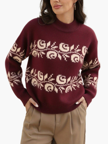 Damen Pullover Elegant Jacquard Blumenmuster Strick für Herbst/Winter Freizeit