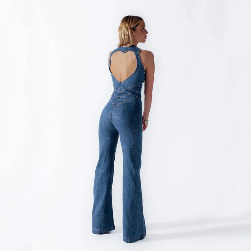 Angela – Herzförmiger Rückenfreier Denim-Jumpsuit mit Retro-Stil