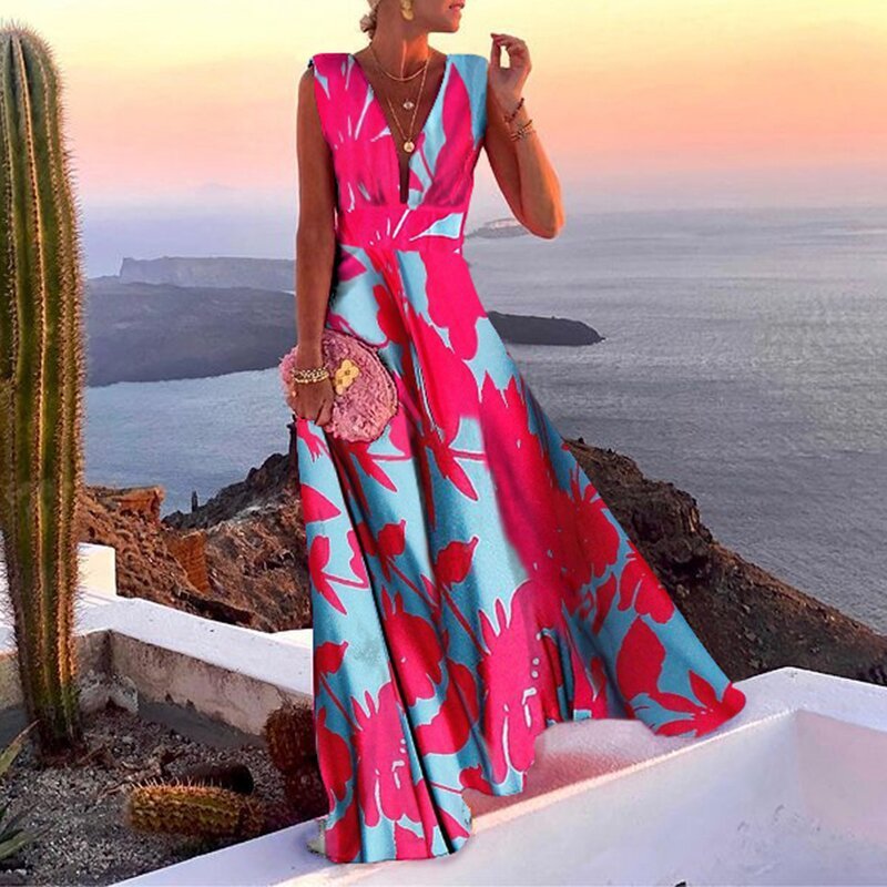 Damen Maxikleid mit Boho-Muster – Eleganter V-Ausschnitt für Sommer und Urlaub