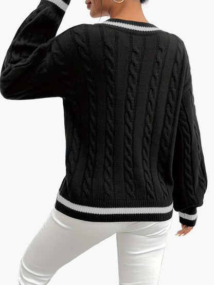 Damen Strickpullover mit V-Ausschnitt und Zopfmuster – Eleganter Freizeitpullover für Herbst und Winter